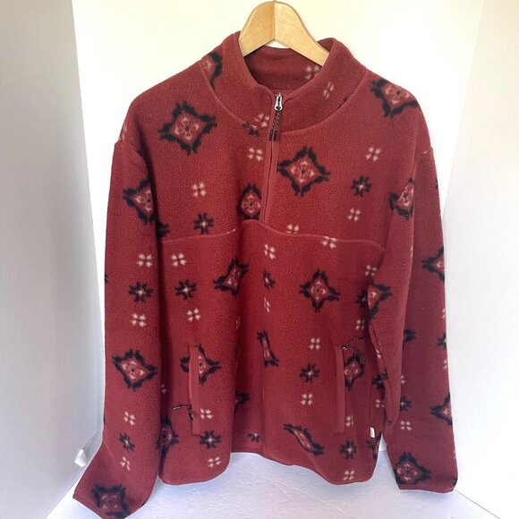 Frank And Oak Half Zip Polar Fleece Mens XL Red Sweatshirt Relaxed Fit Geo Print - Picture 7 of 7